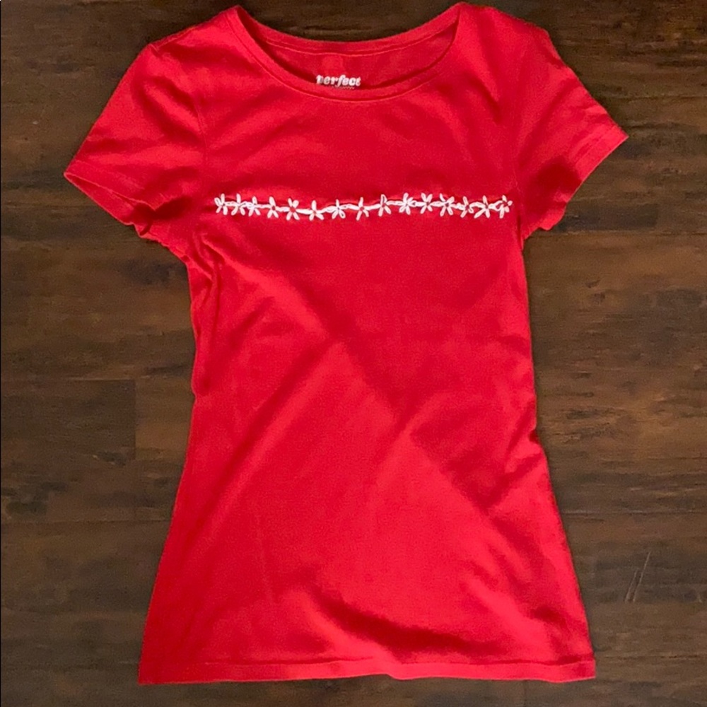 Hand embroidered flowers red shirt